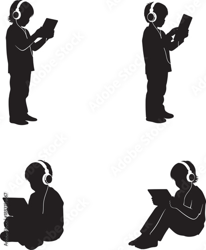 Silhouette of a person wearing a headset and using various devices