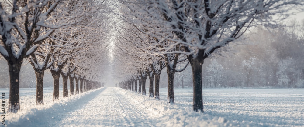 Obraz premium Snowy Christmas morning in a park alley with bare trees and frosty weather