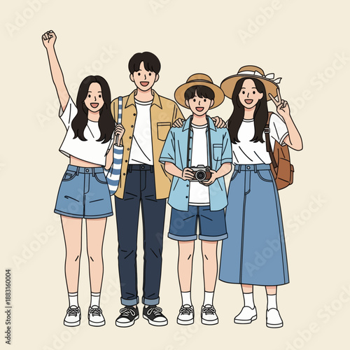 Happy Group of Young Friends Traveling Together Vector Illustration. Four Asian Tourists with Backpacks and Camera Posing for Summer Vacation. Friendship and Youth Holiday Concept.