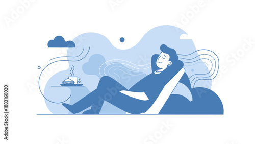 Serene Moment: Man Relaxing with Coffee, Enjoying Quietness and Daydreaming