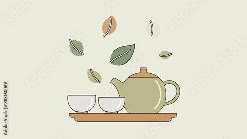 Serene Tea Ceremony Illustration: A Minimalist Composition of Tea Pot and Cups