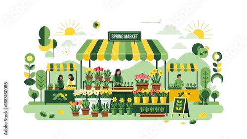 Spring Market Scene with Blooming Flowers and Sunshine Depicting Freshness and Lively Colors