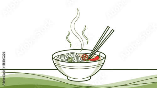 Steaming Bowl Of Noodles With Chopsticks Against a Green Abstract Background