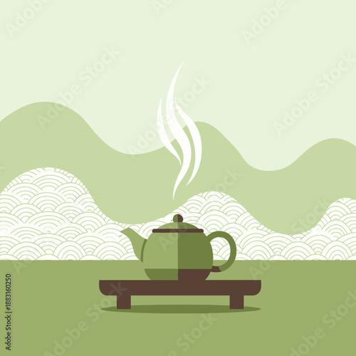 Serene Teatime Scene: A Digital Illustration Featuring Green Tea and Calming Mountain Landscape