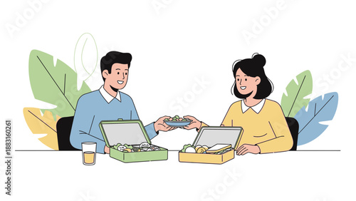 Sharing A Meal Together: Happy Couple Enjoying Lunch Break with Lunchboxes at Desk