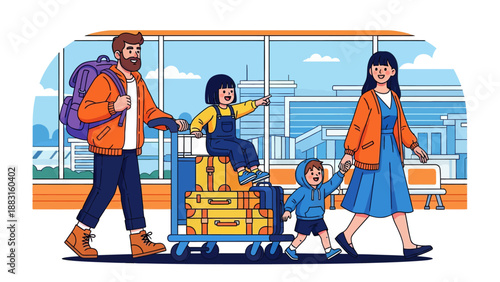 Happy Family Traveling at Airport Terminal Vector Illustration. Father Pushing Luggage Cart with Daughter Sitting on Suitcases, Mother Holding Son's Hand. Summer Vacation and Holiday Journey Concept.