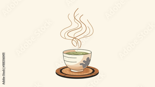 Steaming Green Tea in Decorative Cup on Coaster for Relaxation and Comfort