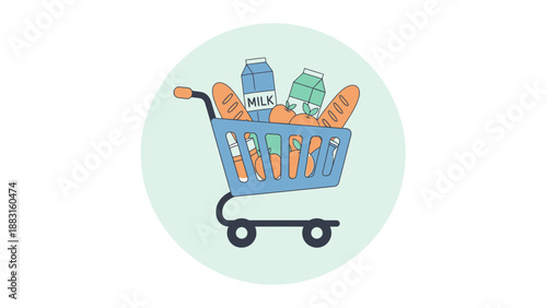 Shopping Cart Filled With Groceries Represents Retail and Consumerism in a Visual Style
