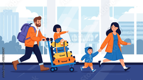 Happy Family Traveling at Airport Terminal Vector Illustration. Father Pushing Luggage Cart with Daughter Sitting on Suitcases, Mother Holding Son's Hand. Summer Vacation and Holiday Journey Concept.