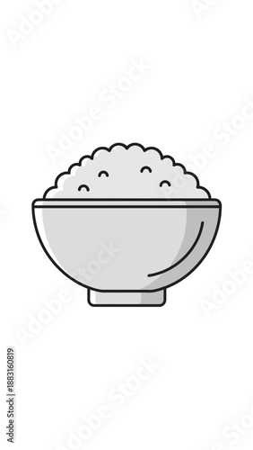 Simple Illustration Of A Bowl Filled With Cooked Rice Against A Clean White Background