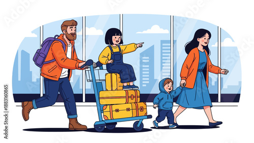 Happy Family Traveling at Airport Terminal Vector Illustration. Father Pushing Luggage Cart with Daughter Sitting on Suitcases, Mother Holding Son's Hand. Summer Vacation and Holiday Journey Concept.