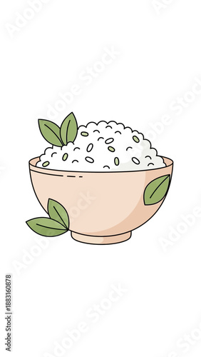 Simple Illustration Of A Bowl Filled With Rice And Adorned With Fresh Green Leaves