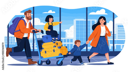 Happy Family Traveling at Airport Terminal Vector Illustration. Father Pushing Luggage Cart with Daughter Sitting on Suitcases, Mother Holding Son's Hand. Summer Vacation and Holiday Journey Concept.