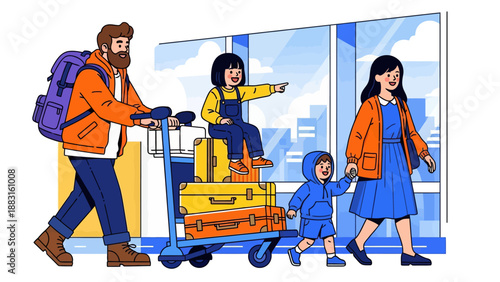 Happy Family Traveling at Airport Terminal Vector Illustration. Father Pushing Luggage Cart with Daughter Sitting on Suitcases, Mother Holding Son's Hand. Summer Vacation and Holiday Journey Concept.