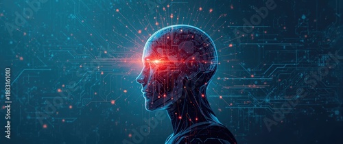 Deep machine learning and big data processing in an AI neural network, showcasing an abstract AI interface and a cybernetic head with electronic brain and neuron signals