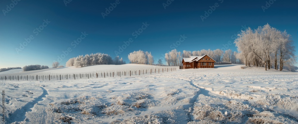Naklejka premium Snow-covered vineyards and winery in the rolling hills close to Maastricht, showcasing a peaceful winter setting with a vibrant blue sky