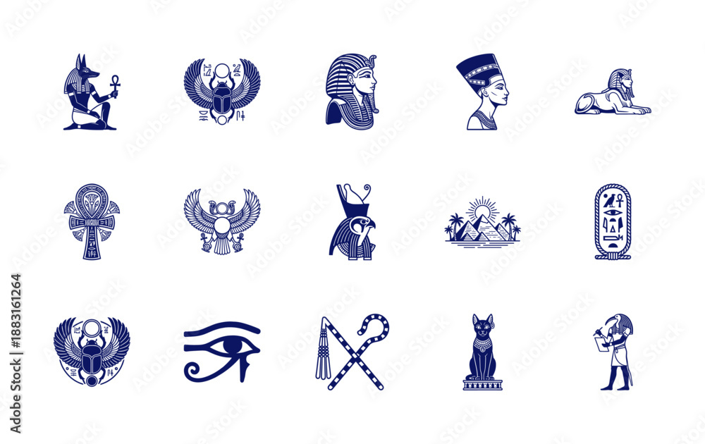 Fototapeta premium Engraved Blue Ancient Egyptian Mythology Symbol Graphic Element Kit for Historical Branding and Esoteric Research