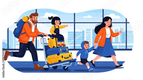 Happy Family Traveling at Airport Terminal Vector Illustration. Father Pushing Luggage Cart with Daughter Sitting on Suitcases, Mother Holding Son's Hand. Summer Vacation and Holiday Journey Concept.
