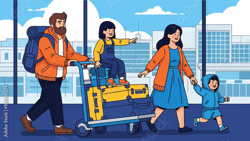 Happy Family Traveling at Airport Terminal Vector Illustration. Father Pushing Luggage Cart with Daughter Sitting on Suitcases, Mother Holding Son's Hand. Summer Vacation and Holiday Journey Concept.