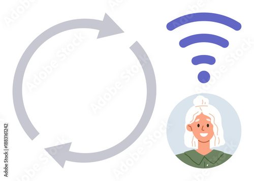 Data exchange, technology connection, user interface, wireless signals, communication, personal networking. Circular arrows near a wireless signal and user profile. Data exchange and wireless signals