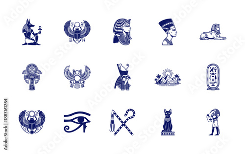 Engraved Blue Ancient Egyptian Mythology Symbol Graphic Element Kit for Historical Branding and Esoteric Research