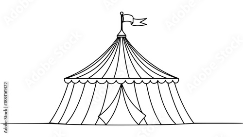 Continuous One Line Art Drawing of Vintage Striped Circus Tent with Flag Outline