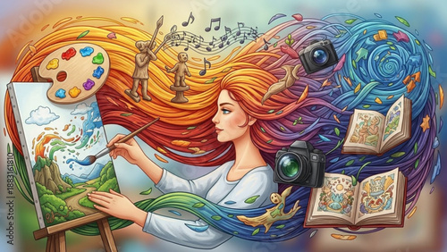 Woman painting colorful art with creative symbols around her