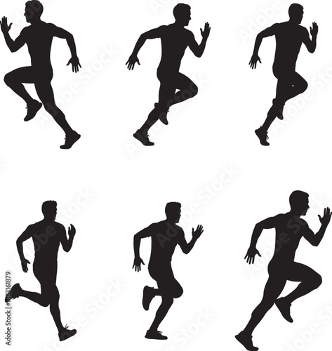 Six black silhouettes of a man running in different poses