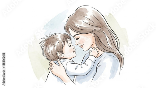 Mother tenderly kissing and hugging her little child on cheek