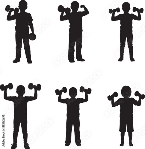 Silhouette illustrations of people exercising with dumbbells in various poses