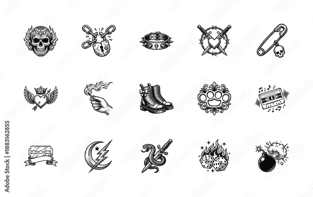 Fototapeta premium Vintage Woodcut Style Punk Rock Culture Graphic Asset Sheet for Alternative Fashion and Edgy Tattoo Design