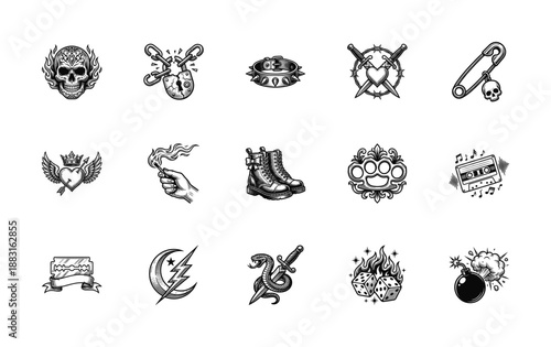 Vintage Woodcut Style Punk Rock Culture Graphic Asset Sheet for Alternative Fashion and Edgy Tattoo Design