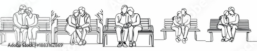 line art of a old couple embracing intimately on a park bench