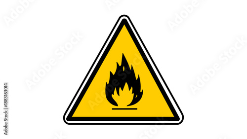 A triangular yellow warning sign featuring a black flame silhouette, indicating the presence of flammable materials