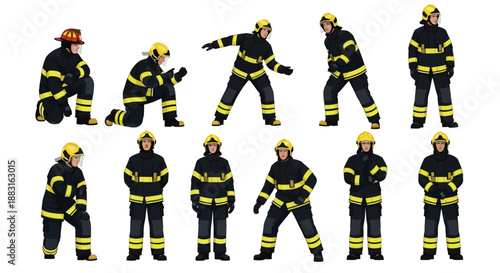 Set of diverse professional firefighters in various dynamic action poses, wearing full protective gear and helmets, representing emergency services and safety