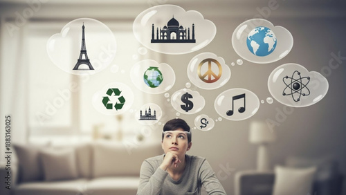 Man contemplating global concepts in modern living room