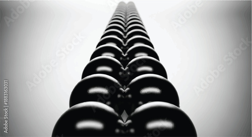 A long, symmetrical line of glossy black spheres receding into a bright, minimalist background.