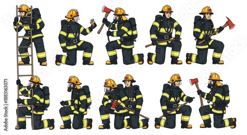 A comprehensive collection of cartoon illustrations depicting brave firefighters in various heroic poses, equipped with essential safety gear, axes, and ladders, ready for emergency rescue operations