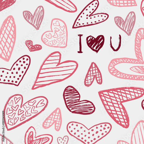 Hand drawn pink hearts background with I love you phrase. Happy Valentines day design. Vector sketch illustration in vintage crayon charcoal style.