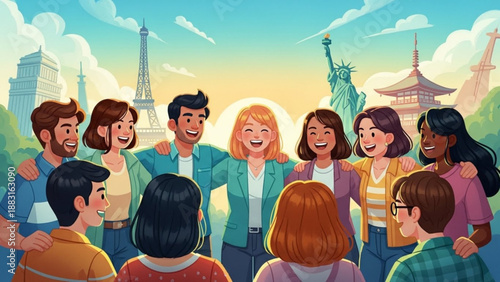 Diverse group of friends standing together in front of famous