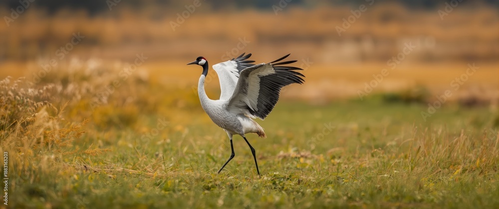 Fototapeta premium Common crane, grus grus, stretching wings and walking through hay field during autumn. Large feathered bird landing on meadow seen from side view. Animal wildlife in natural habitat.