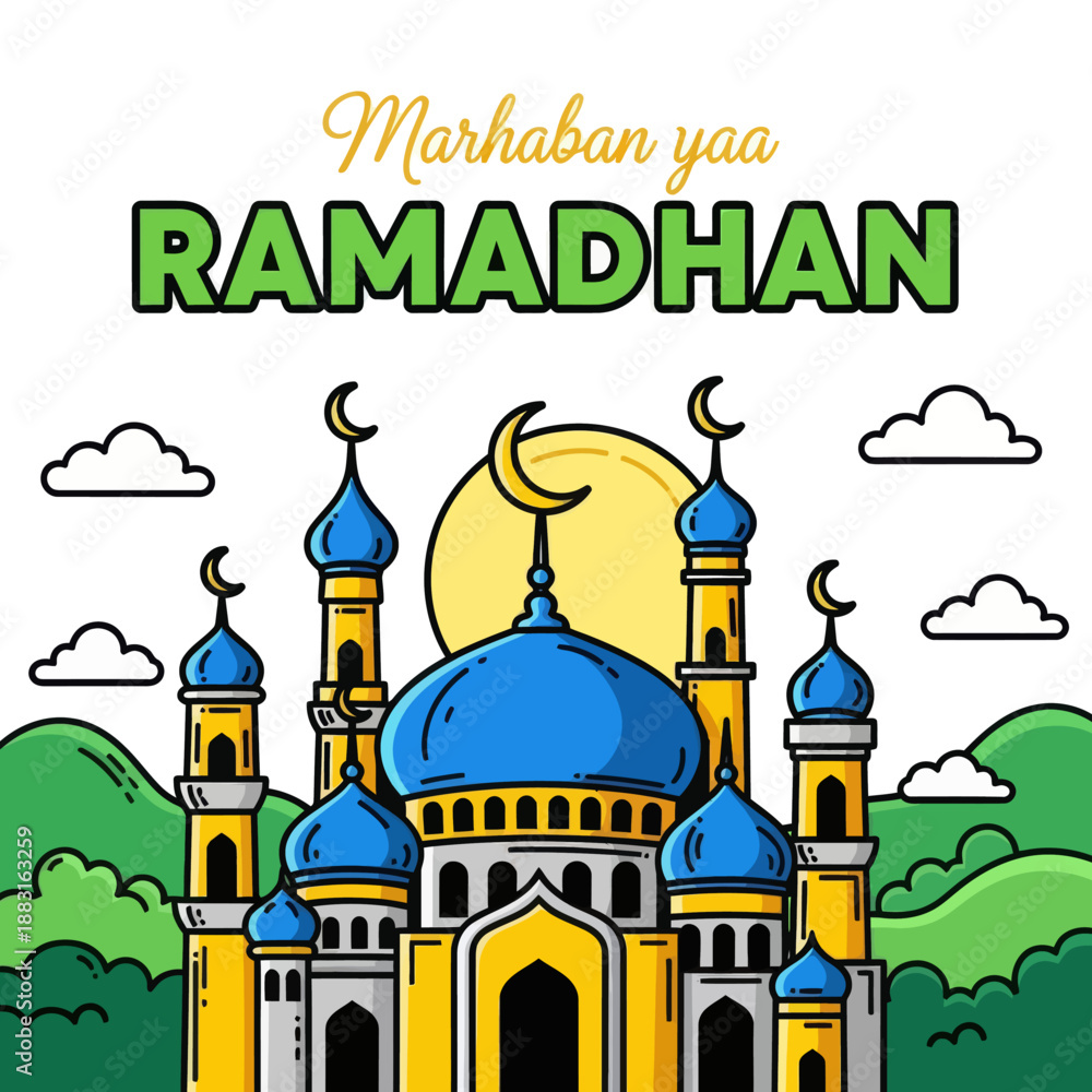 Fototapeta premium Marhaban ya Ramadhan Greeting Card with Beautiful Mosque and Full Moon Background, Islamic Holy Month Celebration Concept, Vector Illustration of Masjid and Moon in Flat Design Style.