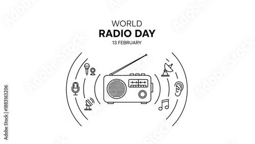 World radio day illustration with retro radio and sound icons on 13