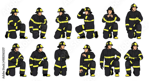 Vector illustrations depicting a group of brave firefighters in protective gear, kneeling in various ready poses, ideal for emergency and rescue operations and public safety concepts