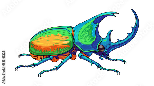A vibrant, stylized illustration of a beetle featuring a bright green, turquoise, and orange color palette, giving it a mystical or futuristic appearance.