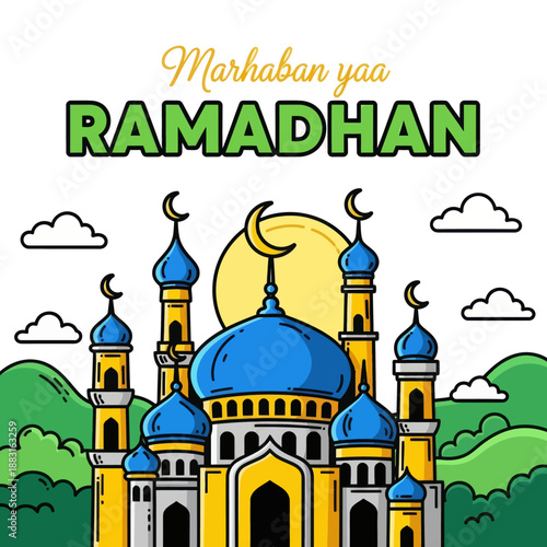 Marhaban ya Ramadhan Greeting Card with Beautiful Mosque and Full Moon Background, Islamic Holy Month Celebration Concept, Vector Illustration of Masjid and Moon in Flat Design Style.