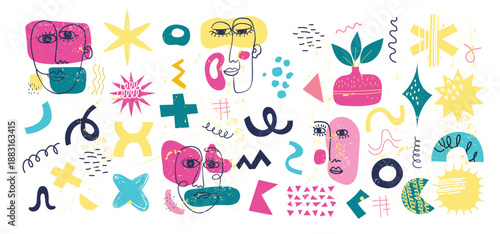 Abstract Face Portraits and Geometric Doodle Shapes in Naive Modern Style