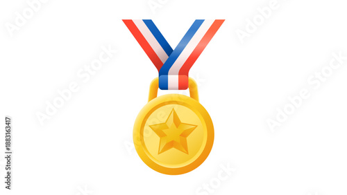 A flat illustration of a gold medal with a star in the center, hanging from a red, white, and blue ribbon.