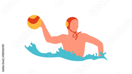 A colorful illustration of a person playing water polo, wearing a cap and holding a ball above the water surface.