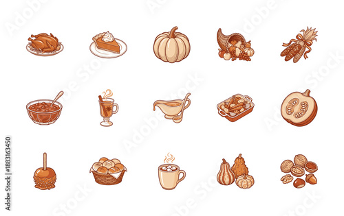 Vintage Engraving Style Thanksgiving Food and Autumn Harvest Element Kit for Seasonal Rustic Menus